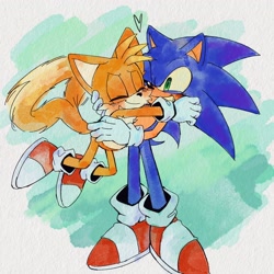 Size: 2048x2048 | Tagged: safe, artist:sev73229663, miles "tails" prower, sonic the hedgehog, fox, hedgehog, abstract background, blushing, cute, duo, flying, gay, heart, hugging, shipping, smile, sonic x tails, spinning tails, standing, watercolor