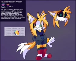 Size: 1966x1584 | Tagged: safe, artist:puresunshineau, miles "tails" prower, fox, alternate universe, au:pure sunshine, black sclera, boots, english text, female, goggles, goggles on head, lesbian, reference sheet, solo, standing, trans female, transgender