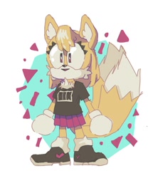 Size: 1172x1363 | Tagged: safe, artist:mothtown, miles "tails" prower, fox, abstract background, black shoes, eyelashes, female, shirt, skirt, smile, solo, standing, trans female, transgender