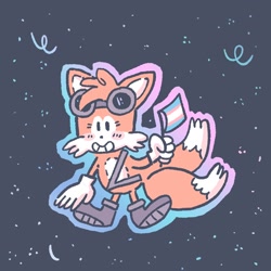 Size: 1200x1200 | Tagged: safe, artist:fakegamercomics, miles "tails" prower, fox, abstract background, blushing, cute, flag, holding something, looking offscreen, outline, pride, pride flag, smile, solo, sonic boom (tv), tailabetes, trans pride, transgender