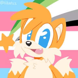 Size: 2048x2048 | Tagged: safe, artist:lilkatzz, miles "tails" prower, fox, aromantic, aromantic pride, icon, looking at viewer, one fang, pride flag background, shooting star, signature, smile, solo, star (symbol), trans pride, transgender