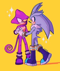 Size: 1714x2048 | Tagged: safe, artist:lemon_child4, espio the chameleon, silver the hedgehog, hedgehog, blushing, chameleon, duo, frown, gay, holding something, male, males only, shipping, silvio, simple background, smile, sparkles, standing, yellow background