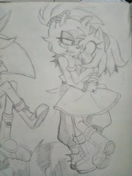 Size: 1536x2048 | Tagged: safe, artist:kaidaari, amy rose, surge the tenrec, blushing, duo, frown, holding each other, lesbian, pencilwork, shipping, standing, surgamy, traditional media