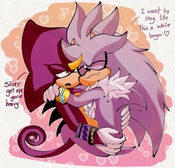 Size: 2048x1970 | Tagged: safe, artist:girlycard44, espio the chameleon, silver the hedgehog, abstract background, cute, dialogue, duo, english text, eyes closed, gay, heart, hugging, lidded eyes, looking at them, mouth open, shipping, silvio, smile