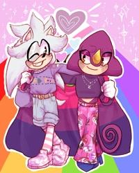 Size: 1486x1855 | Tagged: safe, artist:kyliebrightsun, espio the chameleon, silver the hedgehog, abstract background, bisexual, bisexual pride, cape, clothes, heart, outline, pride, rainbow, shipping, silvio, smile, sparkles, walking