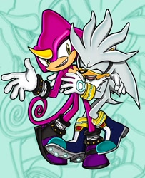 Size: 1300x1600 | Tagged: safe, artist:theydetectives, espio the chameleon, silver the hedgehog, abstract background, duo, gay, holding each other, male, males only, one fang, shipping, silvio, smile, standing, uekawa style