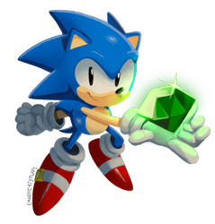 Size: 2024x2114 | Tagged: safe, artist:candycatstuffs, sonic the hedgehog, sonic superstars, 2023, chaos emerald, classic sonic, holding something, looking at viewer, male, redraw, signature, simple background, smile, solo, transparent background