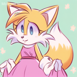 Size: 512x512 | Tagged: safe, ai art, artist:mobians.ai, miles "tails" prower, fox, blushing, dress, eyelashes, female, gender swap, looking offscreen, missing limb, mobius.social exclusive, smile, solo