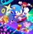 Size: 1950x2048 | Tagged: safe, artist:pentacave, amy rose, knuckles the echidna, miles "tails" prower, sonic the hedgehog, sonic superstars, abstract background, chaos emerald, classic amy, classic knuckles, classic sonic, classic tails, female, group, male, outline, piko piko hammer, ring, star (symbol)