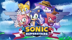 Size: 2048x1152 | Tagged: safe, artist:ryan rudnick, artist:ryan_rudnick, amy rose, knuckles the echidna, miles "tails" prower, nack the weasel, sonic the hedgehog, sonic superstars, abstract background, banner, english text, group, logo, modern style, outline, title screen