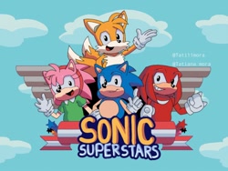 Size: 1024x768 | Tagged: safe, artist:tati11m, amy rose, knuckles the echidna, miles "tails" prower, sonic the hedgehog, abstract background, classic amy, classic knuckles, classic sonic, classic tails, clouds, english text, group, looking at viewer, smile, title screen