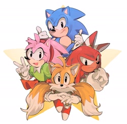 Size: 2048x1999 | Tagged: artist needed, source needed, safe, amy rose, knuckles the echidna, miles "tails" prower, sonic the hedgehog, sonic superstars, abstract background, classic amy, classic knuckles, classic sonic, classic tails, double thumbs up, group, outline, star (symbol)
