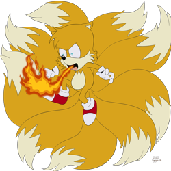 Size: 2000x2000 | Tagged: safe, artist:cyngawolf, miles "tails" prower, fox, adventures of sonic the hedgehog, 2022, breathing fire, fire, flat colors, kitsune, looking offscreen, male, mouth open, nine tails, shrunken pupils, simple background, solo, transparent background