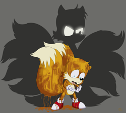 Size: 2737x2463 | Tagged: safe, artist:cyngawolf, miles "tails" prower, fox, 2022, glowing eyes, grey background, headcanon, kitsune, male, mouth open, nine tails, paint, shadow (lighting), shocked, simple background, solo, sonic satam, standing