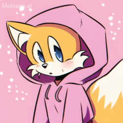 Size: 2048x2048 | Tagged: safe, ai art, artist:mobians.ai, miles "tails" prower, blushing, cute, hood up, hoodie, looking at viewer, male, mobius.social exclusive, mouth open, oversized, solo, standing, sweatdrop