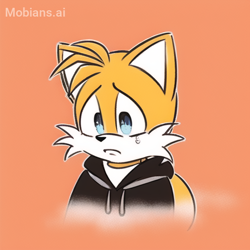 Size: 512x512 | Tagged: safe, ai art, artist:mobians.ai, miles "tails" prower, fox, bust, crying, frown, hoodie, looking offscreen, male, mobius.social exclusive, orange background, outline, sad, shirt, simple background, solo, tears, tears of sadness