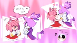 Size: 1920x1080 | Tagged: safe, artist:laclau349, amy rose, blaze the cat, cat, hedgehog, 2023, amy x blaze, amy's halterneck dress, blaze's tailcoat, blushing, cute, english text, female, females only, hand on cheek, hearts, lesbian, noses are touching, shipping