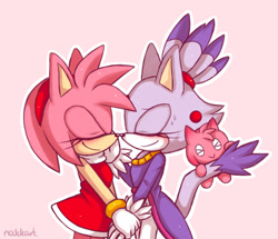 Size: 1100x948 | Tagged: safe, artist:nakkart, amy rose, blaze the cat, cat, hedgehog, 2015, amy chao, amy x blaze, blushing, cute, eyes closed, female, females only, hand on cheek, holding hands, lesbian, noses are touching, shipping, sweatdrop
