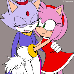 Size: 800x800 | Tagged: safe, artist:silvermun, amy rose, blaze the cat, cat, hedgehog, 2021, amy x blaze, amy's halterneck dress, blaze's tailcoat, blushing, cute, eyes closed, female, females only, hand on back, hand on hip, hugging, lesbian, looking at them, shipping