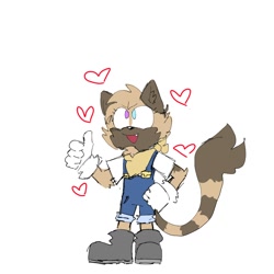 Size: 1378x1378 | Tagged: safe, artist:angaykitten, oc, lemur, 2022, child, fankid, female, heart, heterochromia, looking up, magical lesbian spawn, oc only, one fang, overalls, parent:tangle, parent:whisper, parents:whispangle, smile, solo, standing, thumbs up