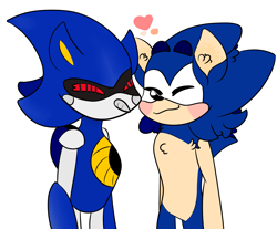 Size: 2418x2000 | Tagged: safe, artist:slerpslapp, metal sonic, sonic the hedgehog, hedgehog, 2017, black sclera, blushing, cute, duo, eyes closed, flat colors, gay, male, metalbetes, metonic, nuzzle, robot, shipping, simple background, smile, sonabetes, standing, white background