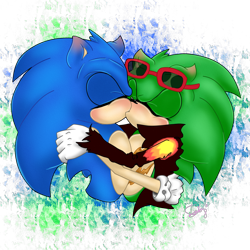 Size: 2600x2600 | Tagged: safe, artist:whiteinkarts, scourge the hedgehog, sonic the hedgehog, hedgehog, 2019, blushing, blushing ears, duo, eyes closed, floppy ears, gay, holding each other, kiss, male, males only, paint splatter, selfcest, semi-transparent background, shipping, signature, sonourge