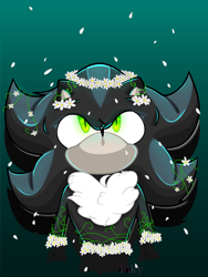 Size: 2100x2800 | Tagged: safe, artist:whiteinkarts, mephiles the dark, 2019, bust, chest fluff, daisy (flower), flower, flower crown, glowing eyes, gradient background, looking up, petals, solo