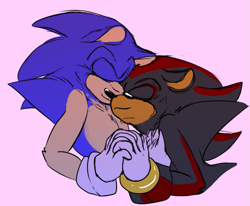 Size: 965x796 | Tagged: safe, artist:azuredreamrealm, shadow the hedgehog, sonic the hedgehog, hedgehog, 2018, bust, duo, eyes closed, floppy ears, gay, holding each other, holding hands, nuzzle, pink background, shadow x sonic, shipping, simple background, smile