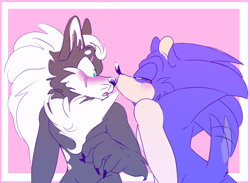 Size: 931x683 | Tagged: safe, artist:azuredreamrealm, infinite the jackal, sonic the hedgehog, hedgehog, jackal, 2019, blushing, border, claws, duo, eyes closed, gay, gloves off, kiss on nose, looking at them, male, males only, pink background, shipping, simple background, sonfinite, standing, wagging tail, whiskers