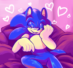 Size: 936x864 | Tagged: safe, artist:azuredreamrealm, sonic the hedgehog, hedgehog, 2019, abstract background, gloves off, heart, lidded eyes, looking at viewer, male, sitting, solo, stupid sexy sonic