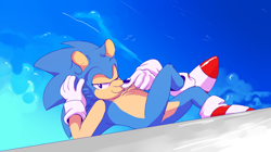 Size: 1144x640 | Tagged: safe, artist:azuredreamrealm, sonic the hedgehog, hedgehog, sonic mania adventures, 2018, abstract background, classic sonic, clouds, looking down, male, one eye closed, outdoors, redraw, smile, solo