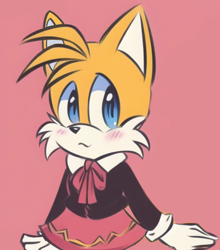 Size: 1762x2004 | Tagged: safe, ai art, artist:mobians.ai, miles "tails" prower, fox, blushing, cute, dress, femboy, looking offscreen, male, mobius.social exclusive, pink background, prompter:taeko, simple background, smile, solo, standing, tailabetes
