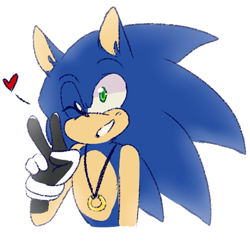 Size: 500x500 | Tagged: safe, artist:islingrkausta, sonic the hedgehog, hedgehog, 2018, bust, ear fluff, heart, looking offscreen, male, necklace, ring, simple background, smile, solo, standing, v sign, white background, wink