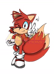 Size: 1000x1414 | Tagged: safe, artist:arrzee-art, miles "tails" prower, fox, 2017, commission, hand on hip, looking offscreen, male, signature, simple background, smile, solo, sonic satam, standing, v sign, watermark, white background, wink