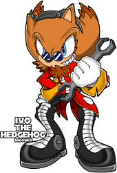 Size: 1210x1781 | Tagged: safe, artist:midowko, robotnik, hedgehog, 2013, blue eyes, brown fur, character name, chest fluff, english text, holding something, looking ahead, male, mobianified, simple background, smile, solo, standing, transparent background, uekawa style, wrench
