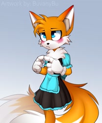 Size: 1707x2048 | Tagged: safe, artist:bubuvany, miles "tails" prower, fox, blushing, blushing ears, dress, femboy, frown, gradient background, looking offscreen, male, nervous, solo, standing