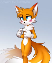 Size: 1707x2048 | Tagged: safe, artist:bubuvany, miles "tails" prower, fox, alternate version, blushing, blushing ears, frown, gradient background, looking offscreen, male, nervous, solo, standing