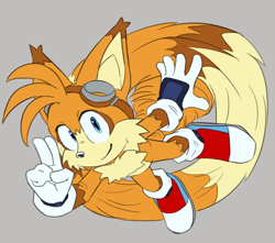 Size: 890x785 | Tagged: safe, artist:twinoxx2, miles "tails" prower, fox, 2023, flat colors, flying, goggles, grey background, looking at viewer, simple background, smile, solo, spinning tails