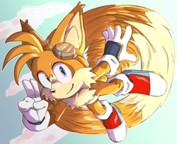 Size: 1429x1159 | Tagged: safe, artist:twinoxx2, miles "tails" prower, fox, 2023, abstract background, alternate version, clouds, flying, goggles, looking at viewer, smile, solo, spinning tails