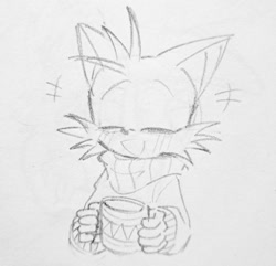 Size: 1024x986 | Tagged: safe, artist:kuteun0, miles "tails" prower, fox, 2023, blushing, bust, coat, coffee, cup, eyes closed, holding something, male, mouth open, pencilwork, scarf, sketch, smile, solo, traditional media