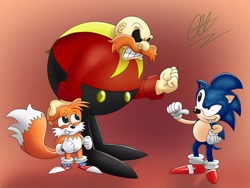 Size: 2048x1536 | Tagged: safe, artist:rrarr1926, miles "tails" prower, robotnik, sonic the hedgehog, fox, hedgehog, human, 2023, alignment swap, black sclera, gradient background, looking at each other, male, males only, petting, signature, standing, trio