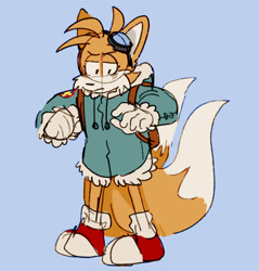 Size: 1406x1468 | Tagged: safe, artist:bee-nie, miles "tails" prower, fox, backpack, blue background, coat, eyelashes, frown, goggles, lidded eyes, looking at something, male, simple background, sketch, solo, standing, winter outfit
