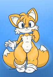 Size: 764x1117 | Tagged: safe, artist:pillothestar, miles "tails" prower, :3, alternate version, gradient background, large hips, looking at viewer, male, shoes off, signature, smile, solo, solo male, standing