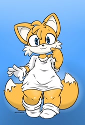 Size: 764x1117 | Tagged: safe, artist:pillothestar, miles "tails" prower, :3, alternate version, gradient background, large hips, looking at viewer, male, shirt, signature, smile, solo, solo male, standing