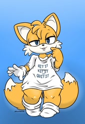 Size: 764x1117 | Tagged: safe, artist:pillothestar, miles "tails" prower, :3, alternate version, english text, gradient background, large hips, lidded eyes, looking at viewer, male, mouth open, shirt, signature, smile, solo, solo male, standing