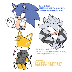 Size: 768x768 | Tagged: safe, artist:waterdesukedo, miles "tails" prower, silver the hedgehog, fox, hedgehog, 2022, blushing, crossdressing, dress, eyelashes, femboy, japanese text, male, males only, powder puff, smile, sparkles, standing, sweatdrop, trio