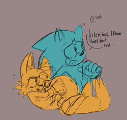 Size: 1700x1600 | Tagged: safe, artist:indigobeatss, miles "tails" prower, sonic the hedgehog, fox, hedgehog, crying, dialogue, duo, english text, grey background, injured, male, males only, simple background, sketch