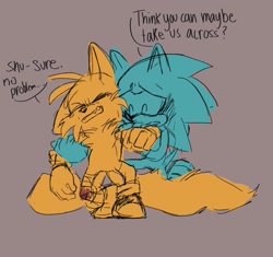 Size: 1700x1600 | Tagged: safe, artist:indigobeatss, miles "tails" prower, sonic the hedgehog, fox, hedgehog, bandage, blood, dialogue, duo, english text, grey background, holding them, injured, simple background, sketch