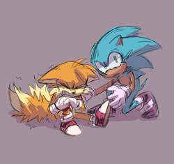 Size: 1700x1600 | Tagged: safe, artist:indigobeatss, miles "tails" prower, sonic the hedgehog, fox, hedgehog, blood, blood stain, crying, duo, floppy ears, frizzed, grey background, injured, simple background, sketch, tears, tears of pain