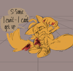 Size: 1700x1650 | Tagged: safe, artist:indigobeatss, miles "tails" prower, fox, blood, crying, dialogue, english text, grey background, injured, lying back, male, one eye closed, simple background, sketch, solo, speech bubble, tears, tears of pain